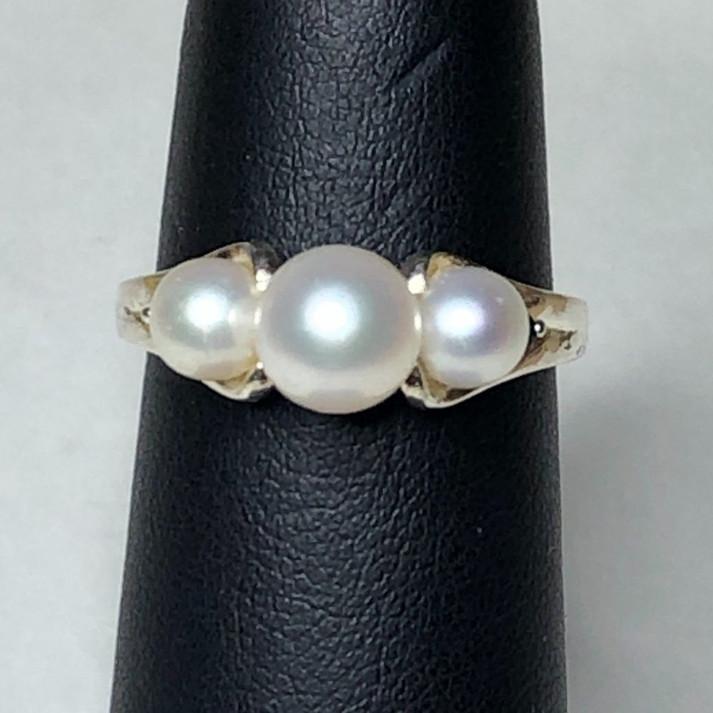 Sterling Ring with 3 Pearls and Sapphire Accents